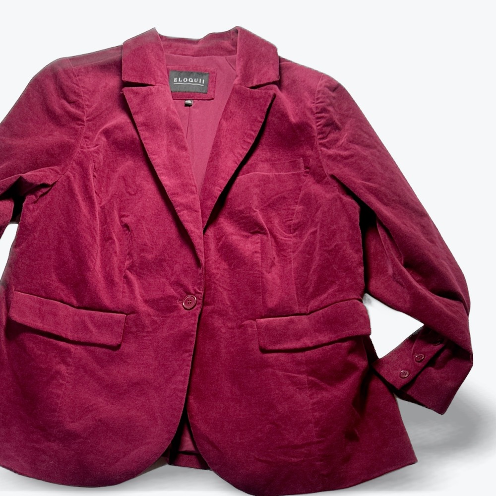 Eloquii Blazer Jacket Womens 16 Burgundy Velvet Single Button Stretch Cotton NWT